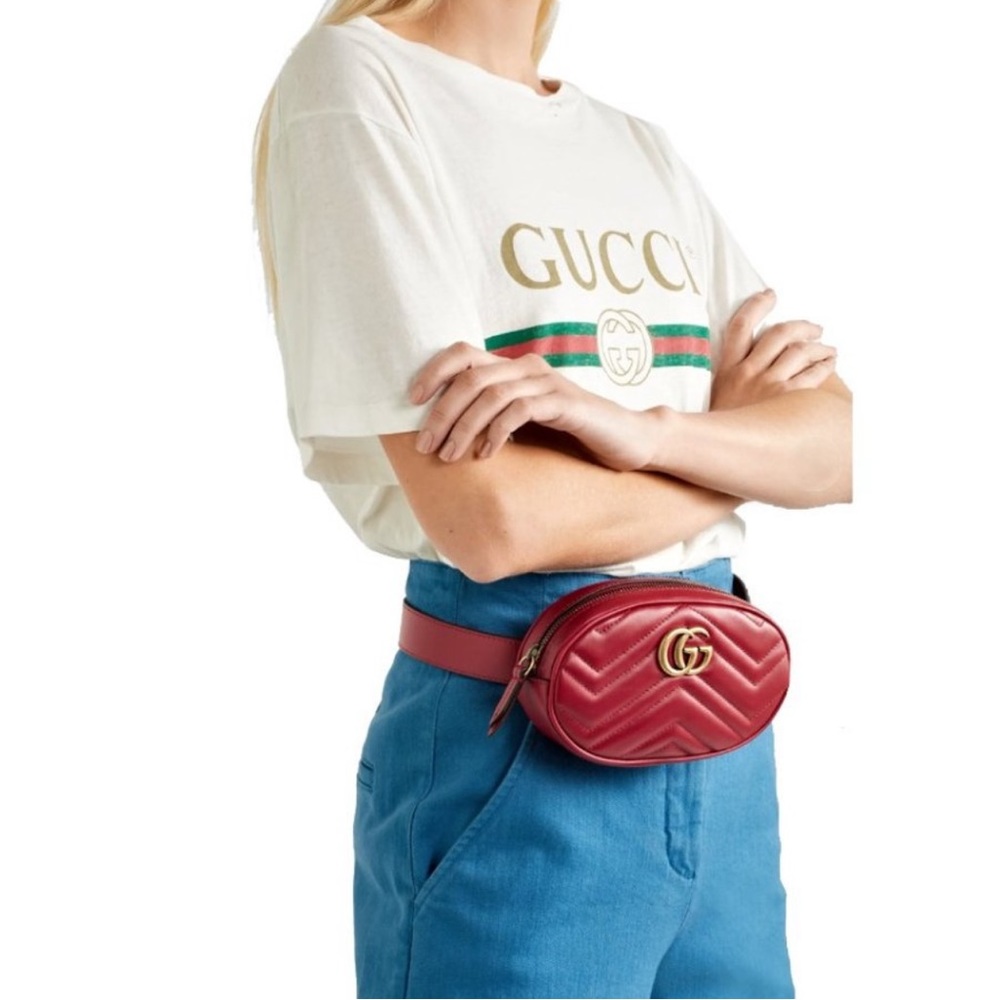 GUCCI MARMONT WOMEN'S RED MATELASSE LEATHER BELT BAG GOLD LOGO - Picture 4 of 8